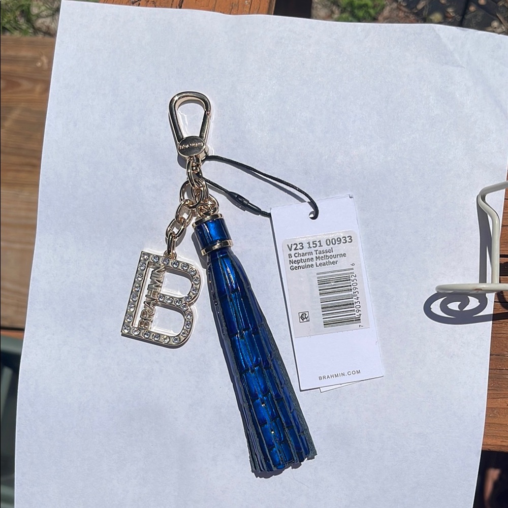 Brahmin B Neptune Blue Tassel Keychain with Silver Charm
